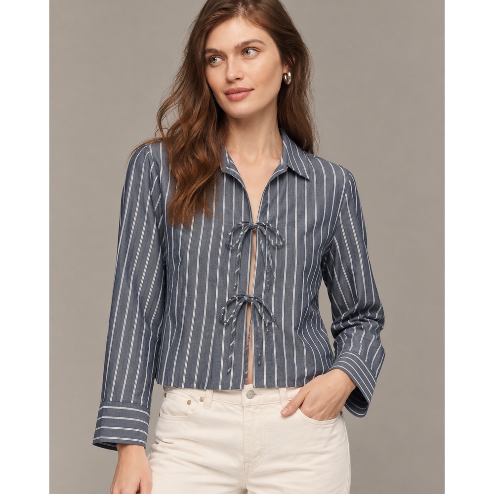 Abercrombie & Fitch Tie-Front Shirt Womens Medium Gray White Striped Top NWT